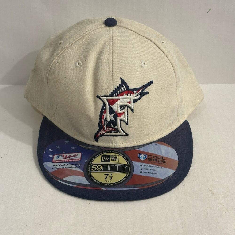 New Era Florida Marlins Fitted Hat Cap Ivory Navy Size 7 7/8 MLB